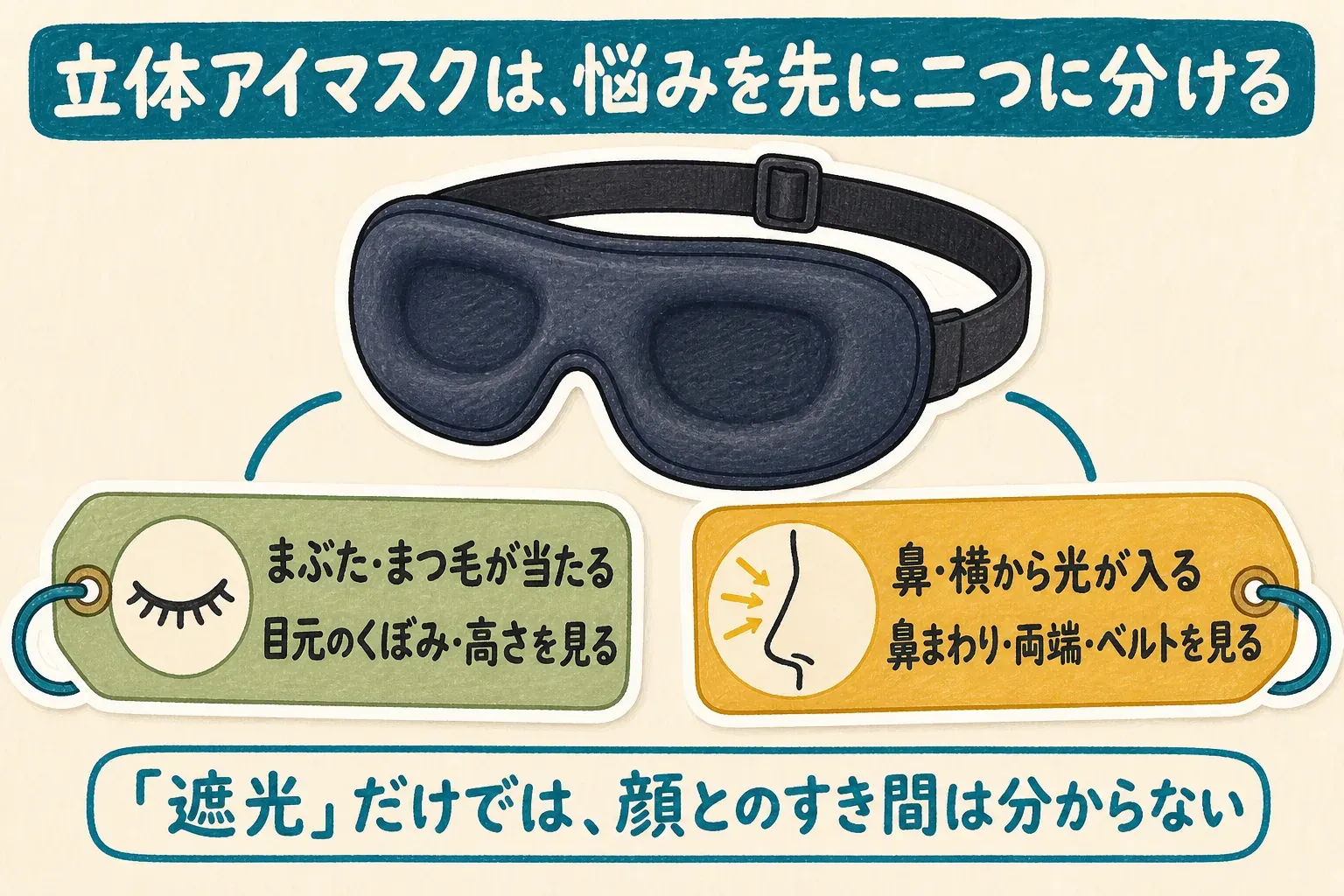 立体アイマスクを中央に描き、左に「まぶた・まつ毛が当たる」場合は目元のくぼみ・高さを見ること、右に「鼻・横から光が入る」場合は鼻まわり・両端・ベルトを見ることを示す図。「遮光」表示だけでは顔とのすき間は分からないと説明している。