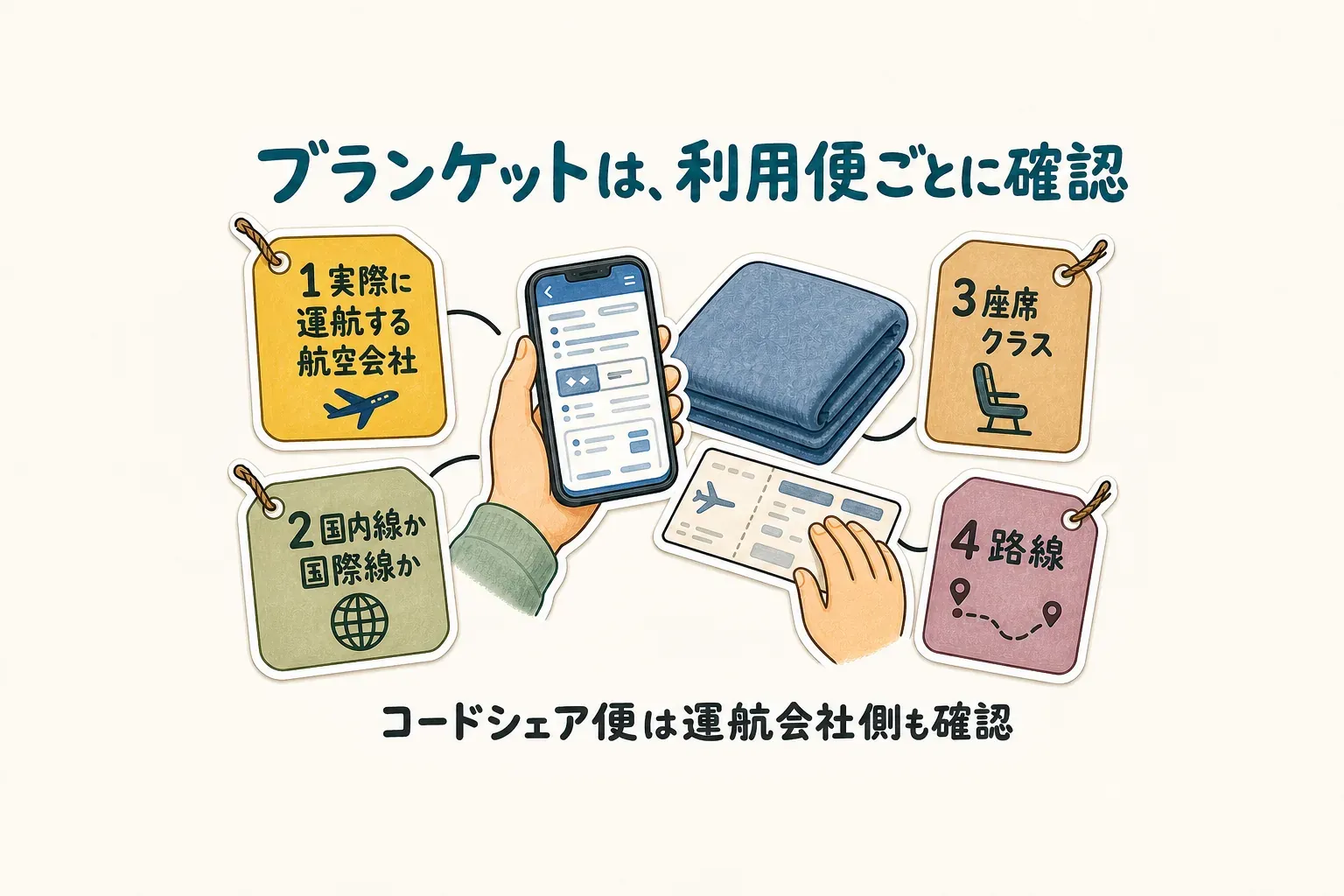 機内ブランケットの有無を確認する4項目。実際に運航する航空会社、国内線か国際線か、座席クラス、路線を確認し、コードシェア便では運航会社側の情報も調べる