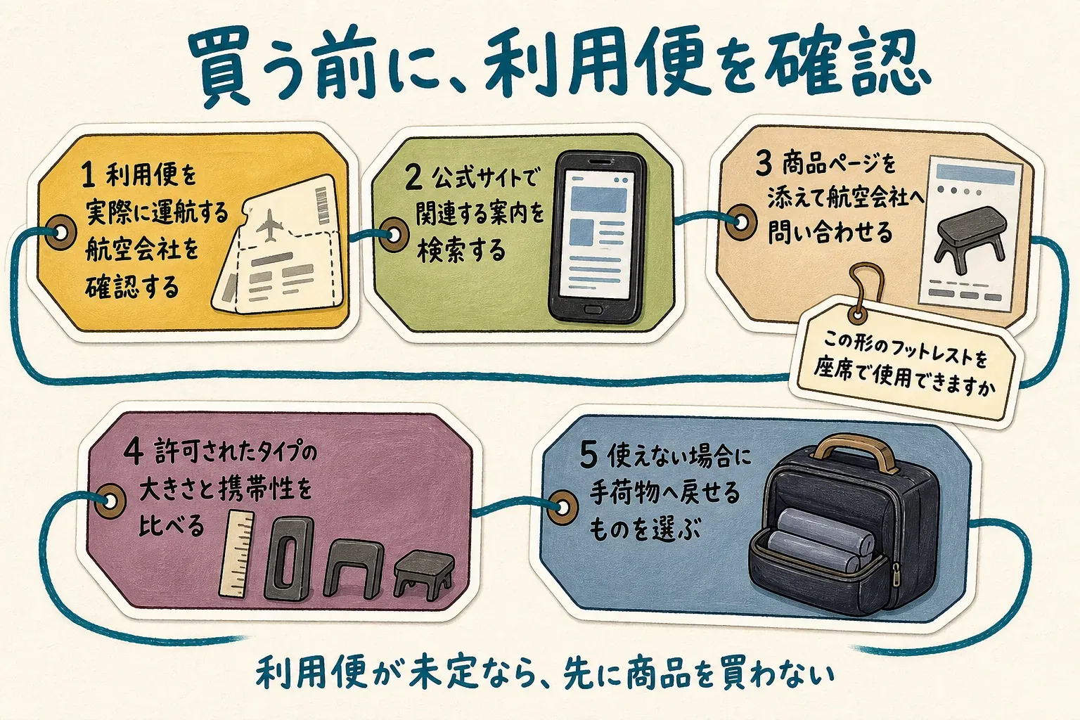 機内フットレストを買う前に確認する5つの手順を示した図。利用便を実際に運航する航空会社を確認し、公式サイトで関連案内を検索し、商品ページを添えて問い合わせ、許可されたタイプの大きさと携帯性を比べ、使えない場合に手荷物へ戻せるものを選びます。