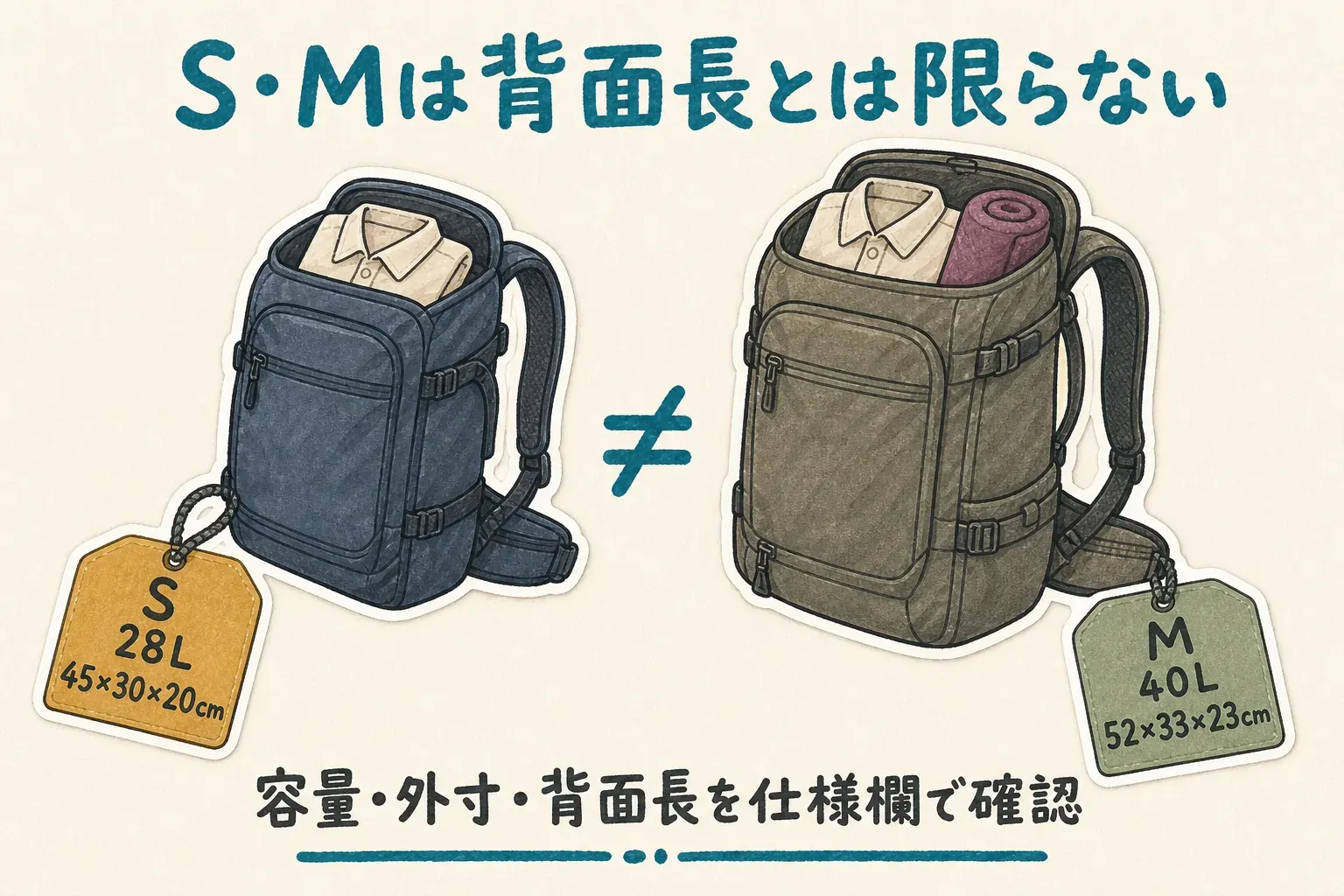 商品名のS・Mが背面長とは限らないことを示す図。旅行用バックパックの例として、Sは28L・外寸45×30×20cm、Mは40L・外寸52×33×23cmと容量と外寸が異なり、容量・外寸・背面長を仕様欄で別々に確認することを示しています。