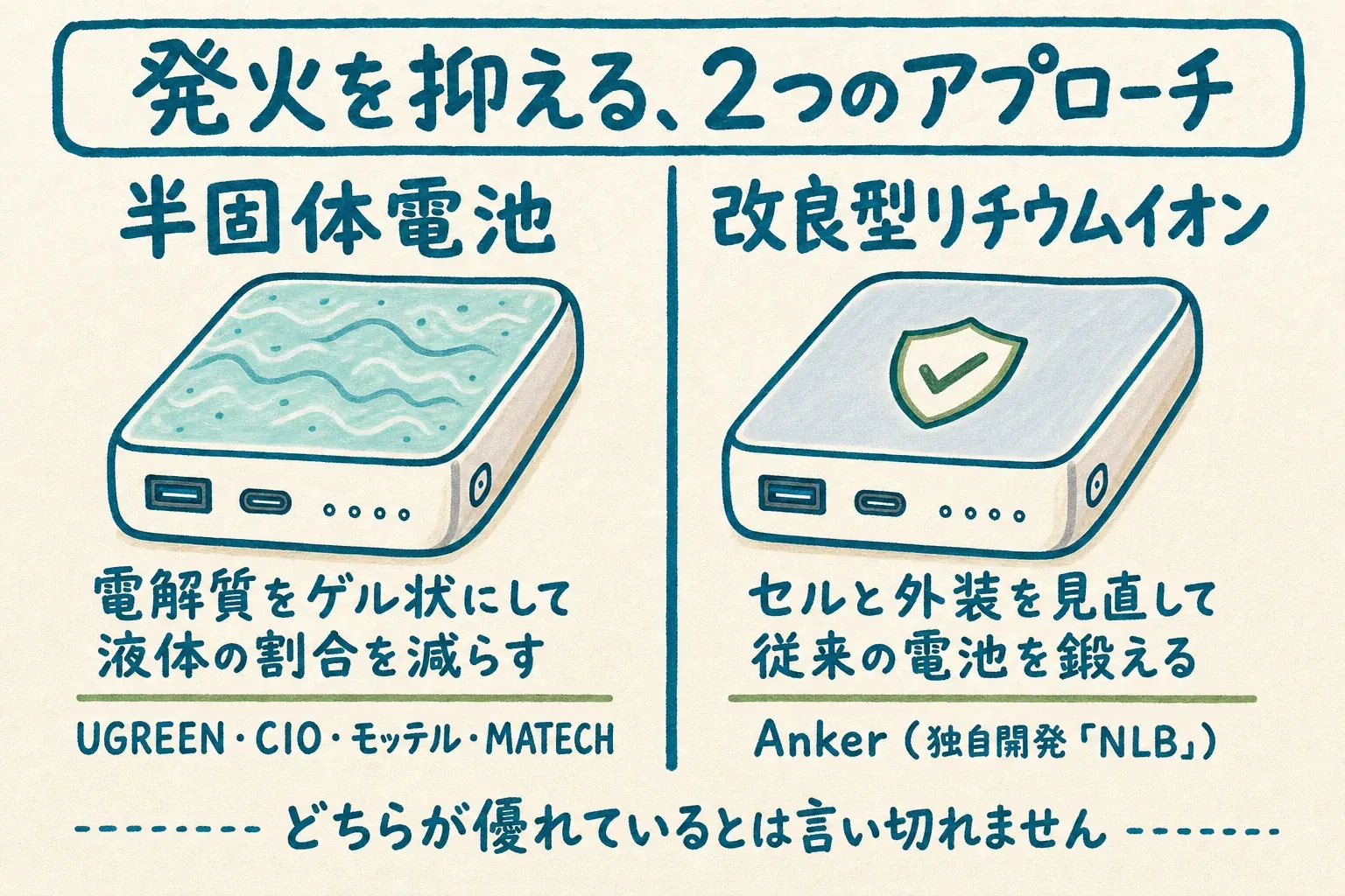 発火を抑える2つのアプローチ。半固体電池は電解質をゲル状にして液体の割合を減らす方式でUGREEN・CIO・モッテル・MATECHが採用。改良型リチウムイオンはセルと外装を見直して従来の電池を鍛える方式でAnkerが独自開発のNLBで採用。どちらが優れているとは言い切れない