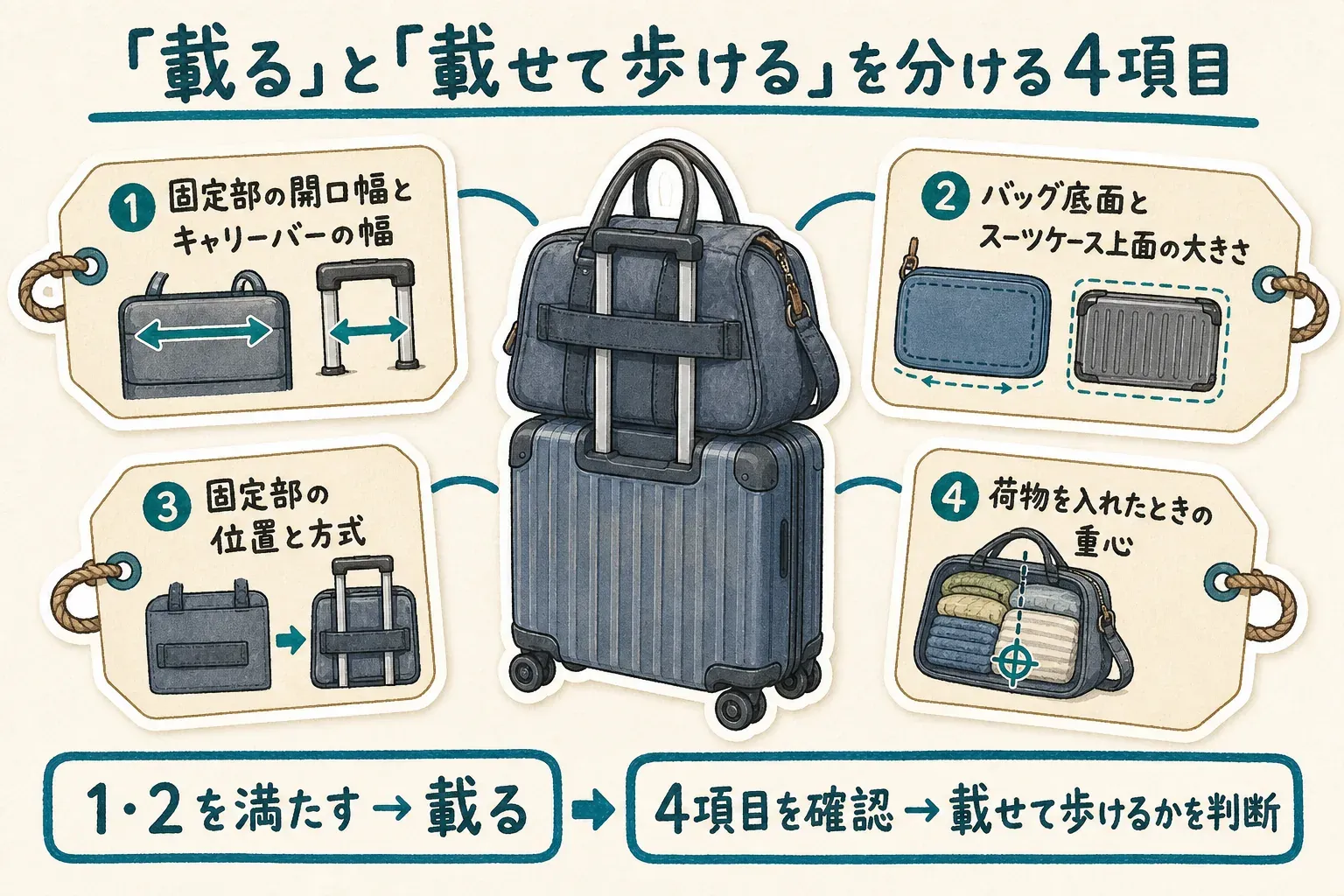 キャリーオンバッグを載せて歩けるか確認する4項目を示す図。固定部の開口幅とキャリーバーの幅、バッグ底面とスーツケース上面の大きさ、固定部の位置と方式、荷物を入れたときの重心を、購入前・使用前の確認場面とともに示しています。