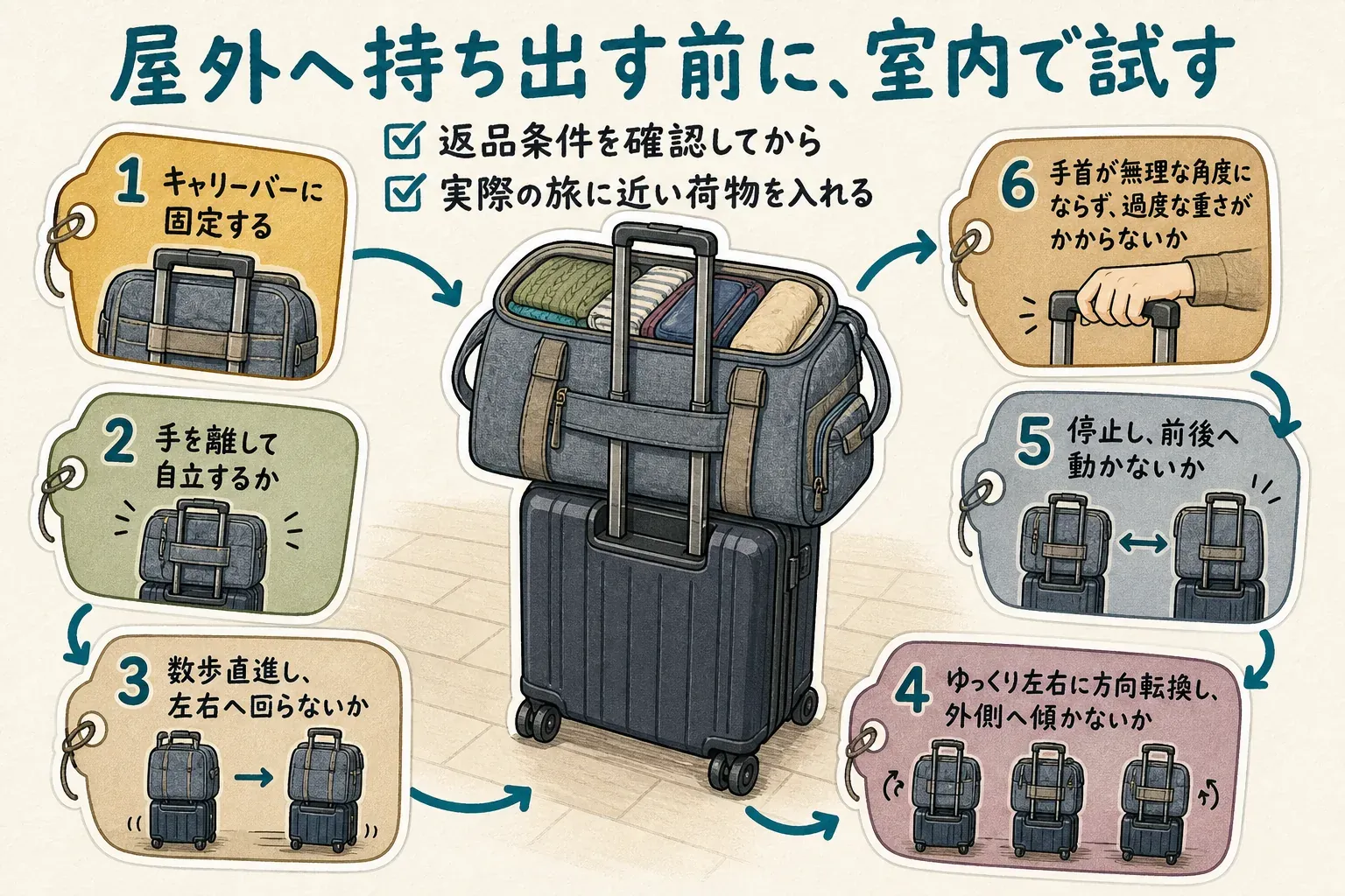 キャリーオンバッグを使用前に室内で試す手順を示す図。荷物を入れて固定し、手を離したときの自立、直進時の左右の回転、左右への方向転換時の傾き、停止時の前後の動き、手首への負担を順に確認します。