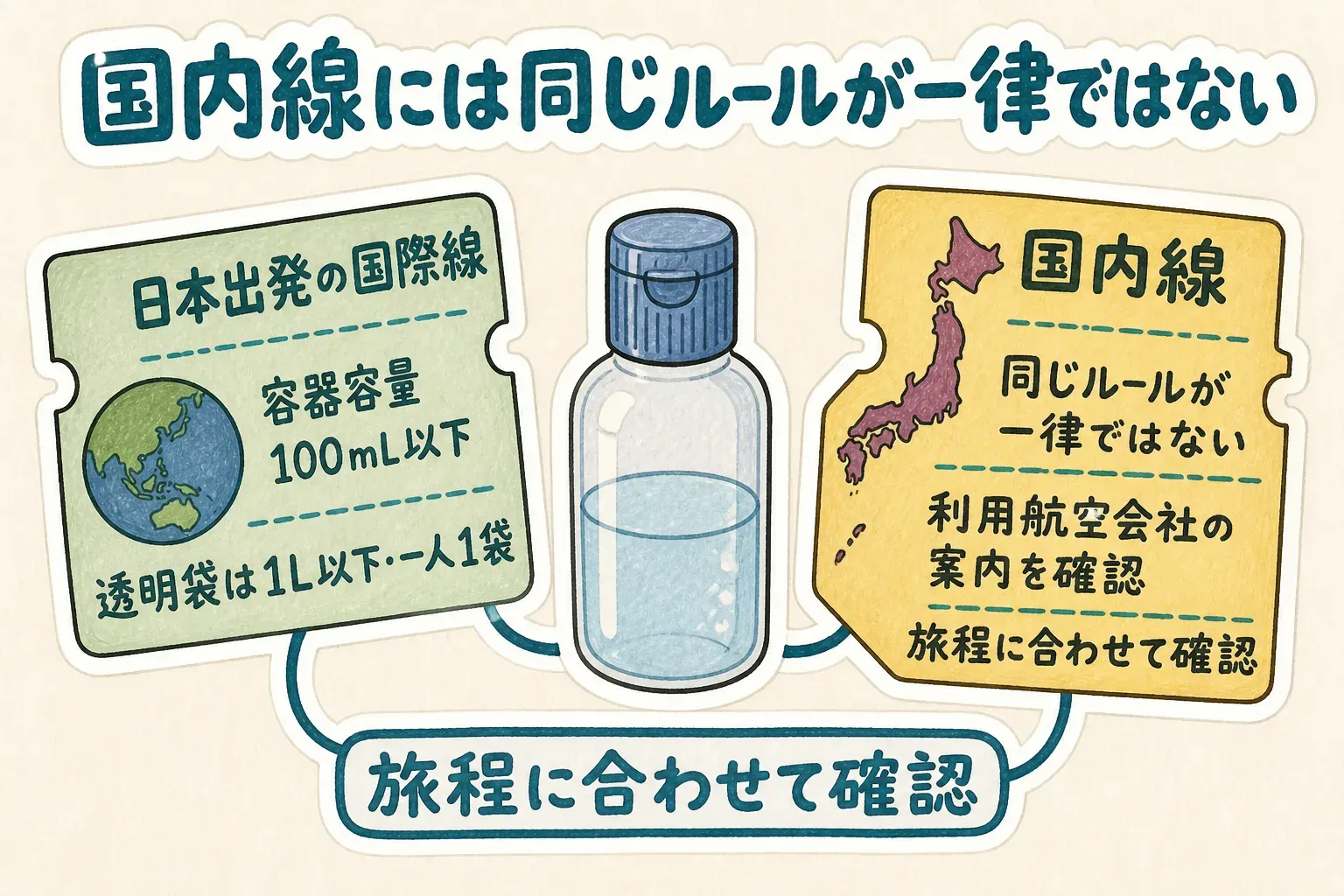 日本の国内線では国際線と同じ100mL以下・透明袋一人1袋のルールが一律には適用されず、危険物や化粧品類は別の制限を航空会社の案内で確認する必要があることを示す図