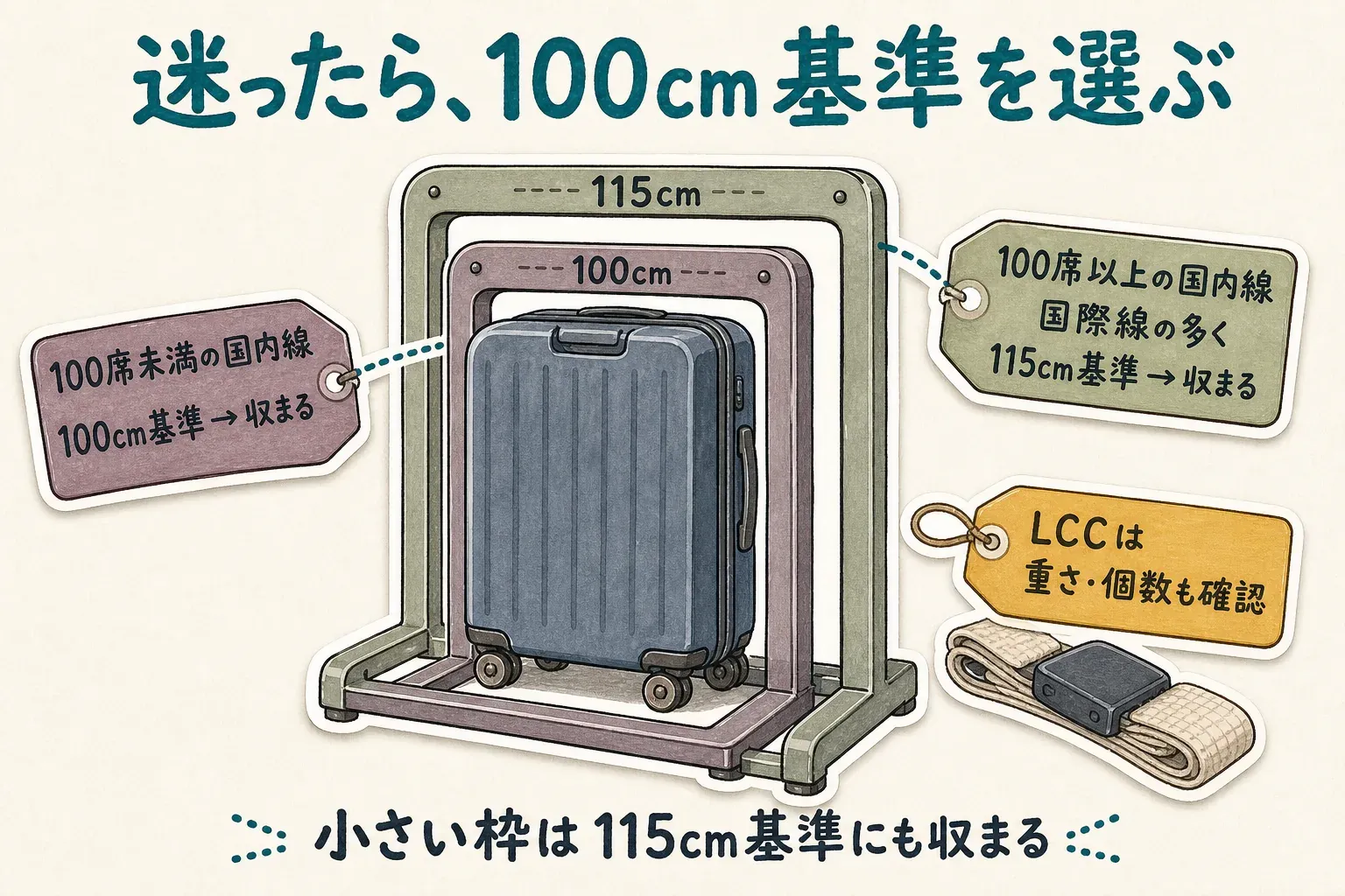 100cm基準のスーツケースは100席未満の国内線の100cm枠に収まり、100席以上の国内線・国際線の115cm枠にも収まるため、迷ったら100cm基準を選ぶと安全であることを示す図。LCCは重さと個数も確認する