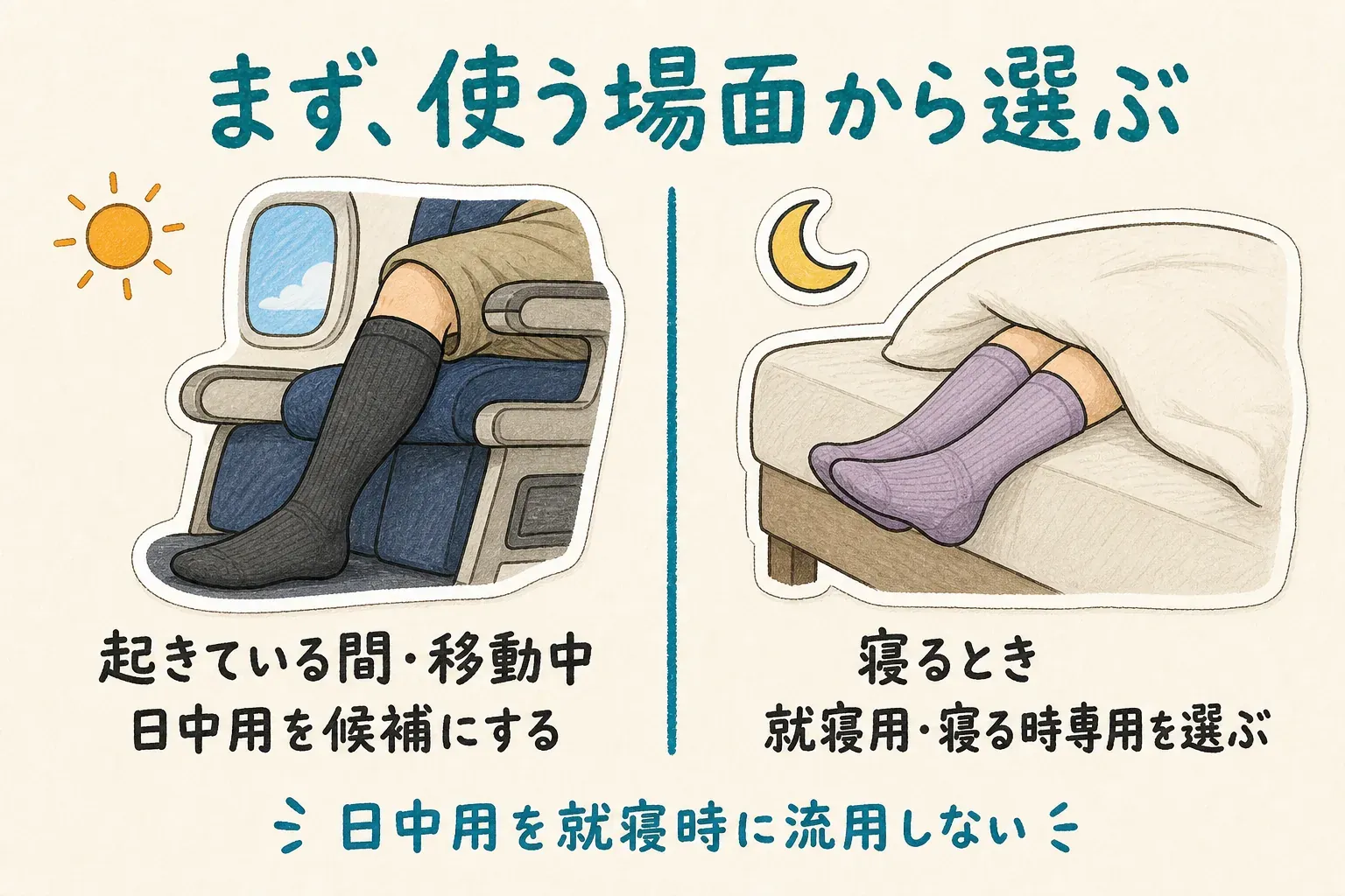 着圧ソックスは、立つ・歩く・座る日中には日中用、横になって寝るときには就寝用を選び、日中から就寝まで使う場合はそれぞれの専用品を用意することを示す図。出典：ピップ公式「むくみと着圧ソックスについて」