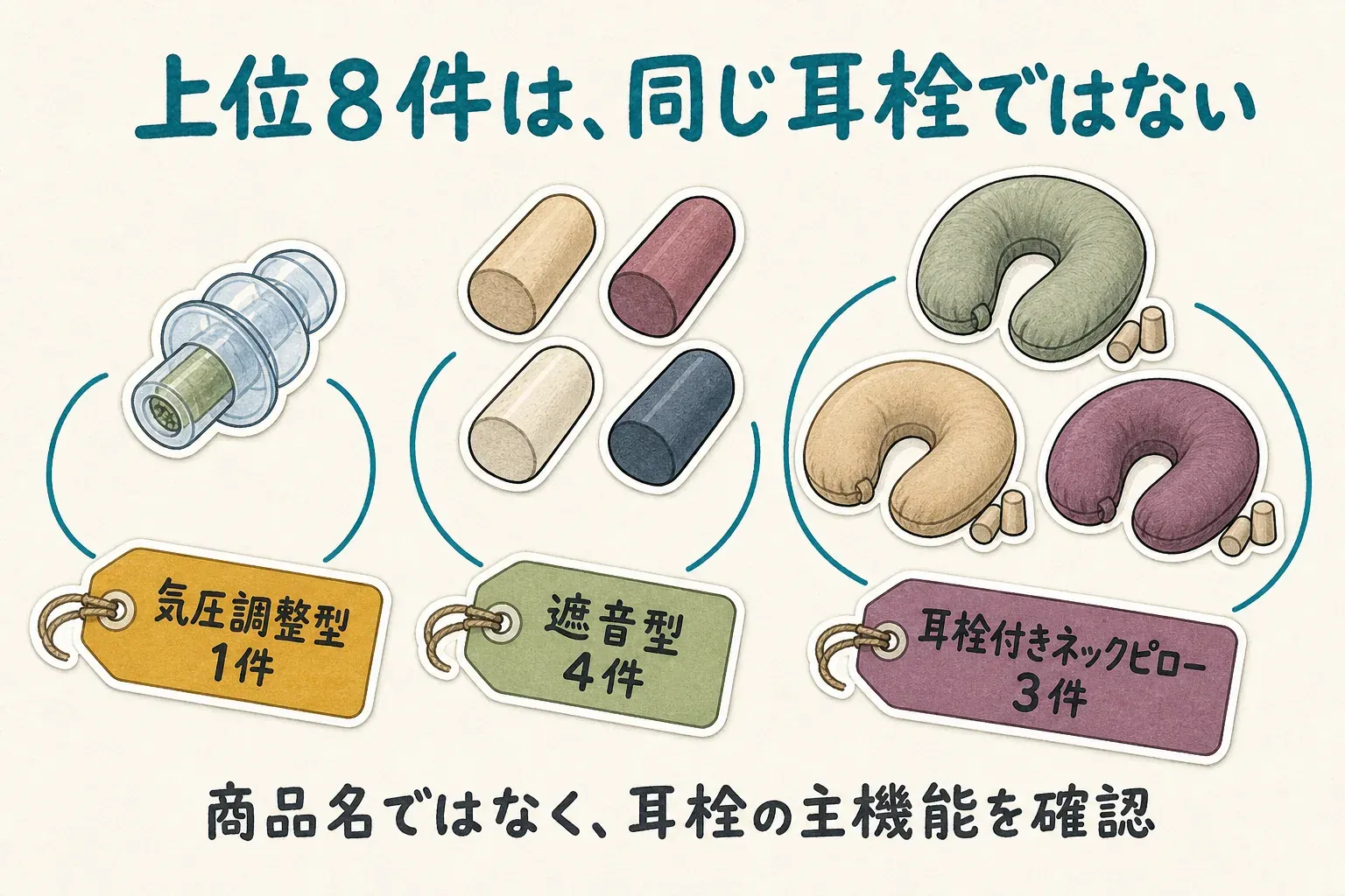 「耳栓 飛行機 気圧」の検索上位8件の内訳として、気圧調整型の単体耳栓が1件、遮音型の単体耳栓が4件、耳栓付きネックピローが3件であることを示す図