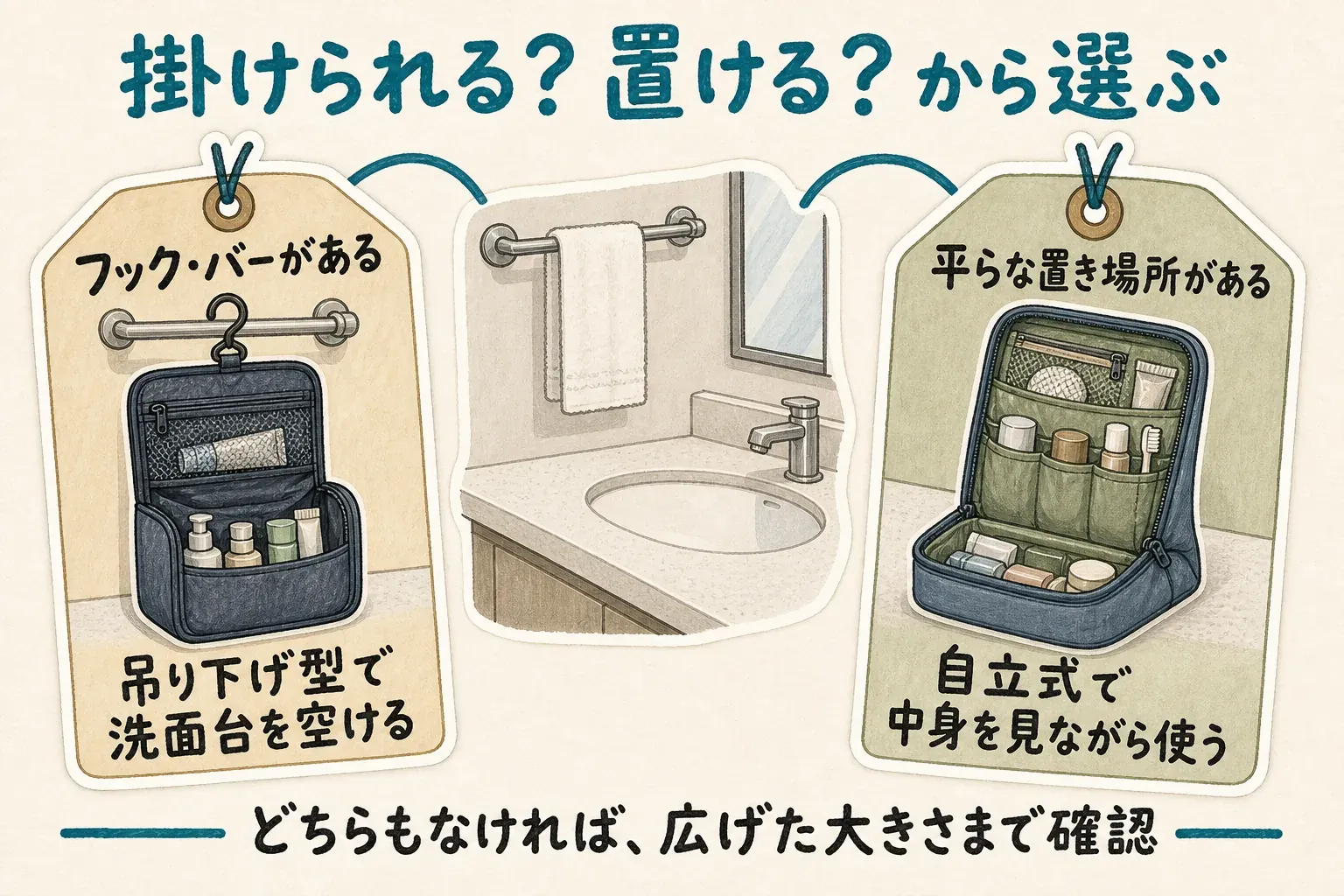ホテルの洗面所でフックやタオルバーがある場合は吊り下げ型で洗面台を空け、平らな置き場所がある場合は自立式で中身を見ながら使う選び方を示す図。どちらもなければ、ポーチを広げた大きさまで確認するよう案内しています。