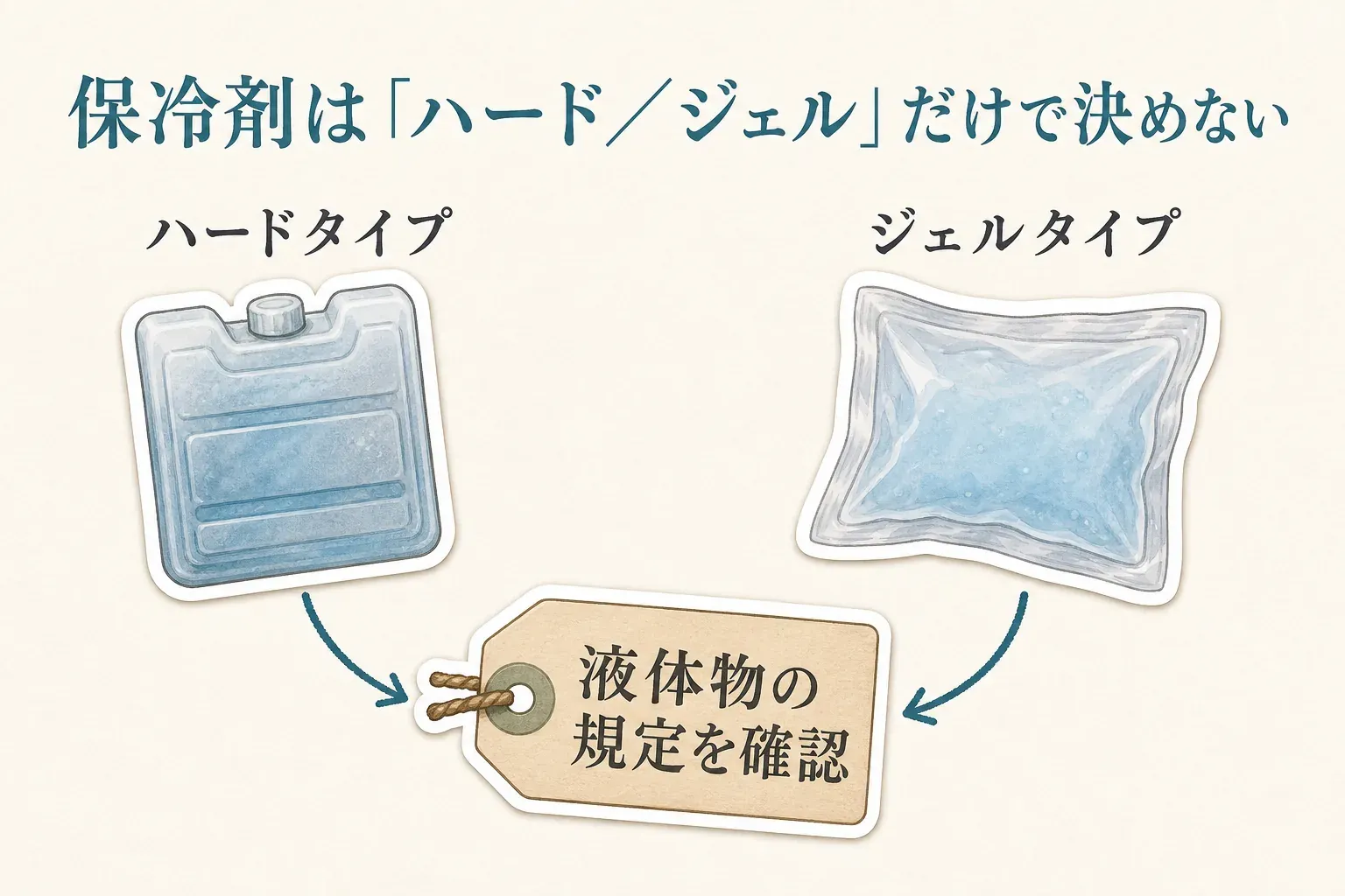 国際線の保安検査では、保冷剤の商品名の「ハード」「ジェル」ではなく、中身の性状と液体物の規定に照らして扱いを判断することを示す図。出典：国土交通省、ANA