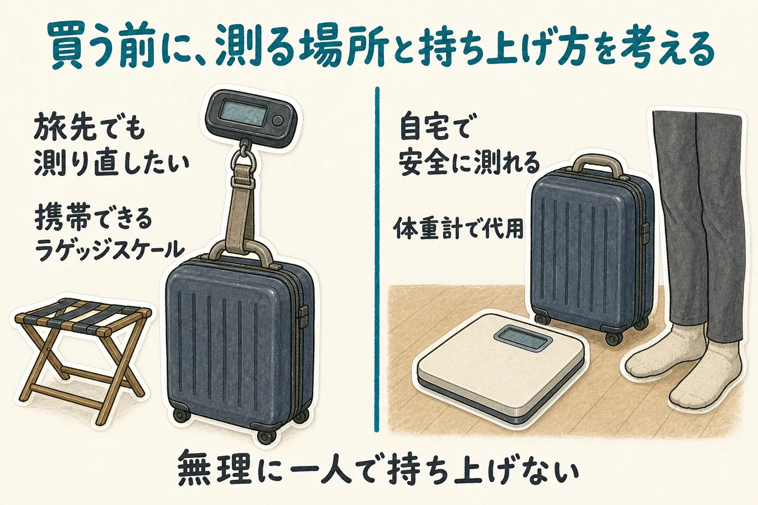 旅先でも荷物を測り直したい場合は携帯できるラゲッジスケールを選び、自宅で安全に測れる場合はスーツケースを持って体重計に乗る方法で代用できること、一人で無理に持ち上げないことを示す図