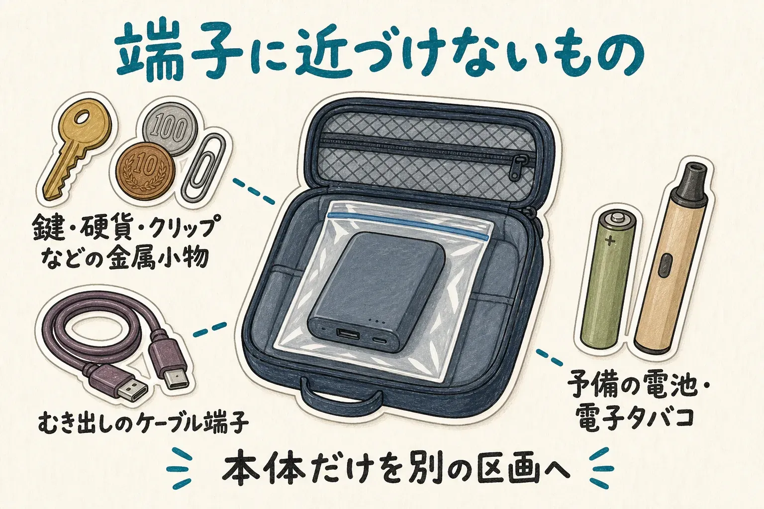 モバイルバッテリーの端子に近づけない物として、鍵・硬貨・クリップなどの金属小物、むき出しのケーブル端子、予備電池・電子タバコを示し、本体だけを別の区画に入れることを説明する図