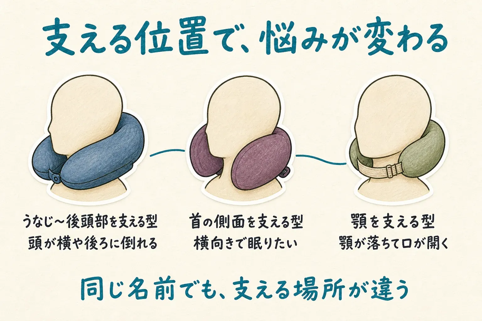 ネックピローが支える位置による3タイプの違い。うなじ〜後頭部を支える型は頭が横や後ろに倒れる悩み、首の側面を支える型は横向きで眠りたい悩み、顎を支える型は顎が落ちて口が開く悩みに対応する