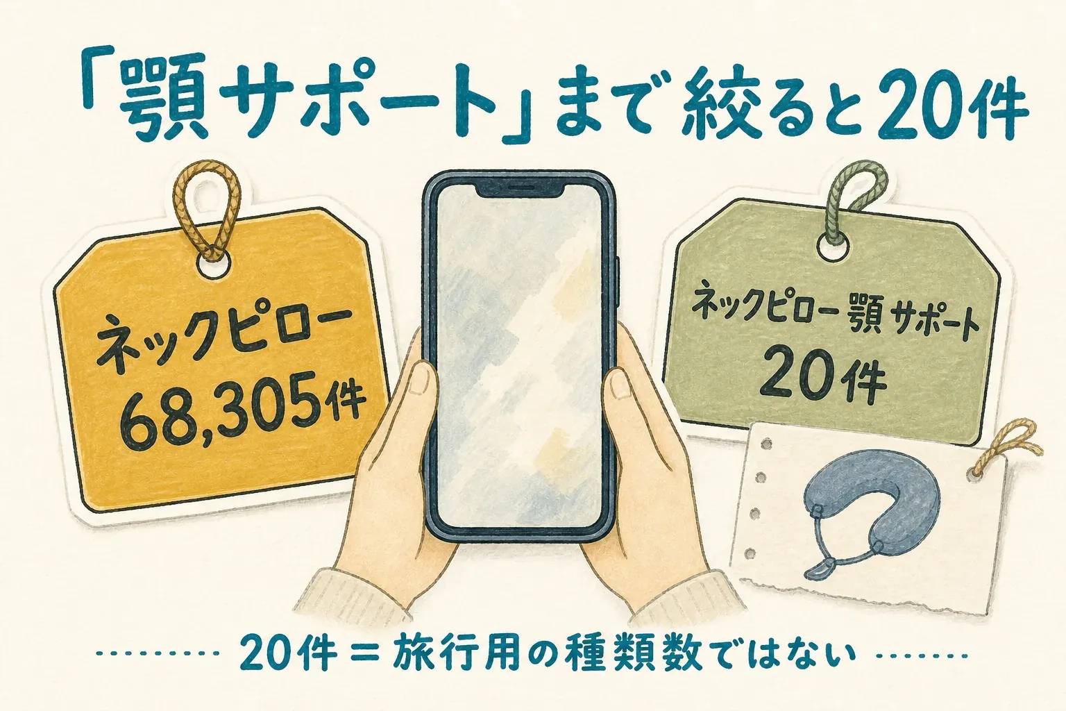 楽天での検索結果の違いを示す図。「ネックピロー」は68,305件だが、「ネックピロー 顎サポート」まで絞ると20件。20件は旅行用の顎サポート型の種類数そのものではない