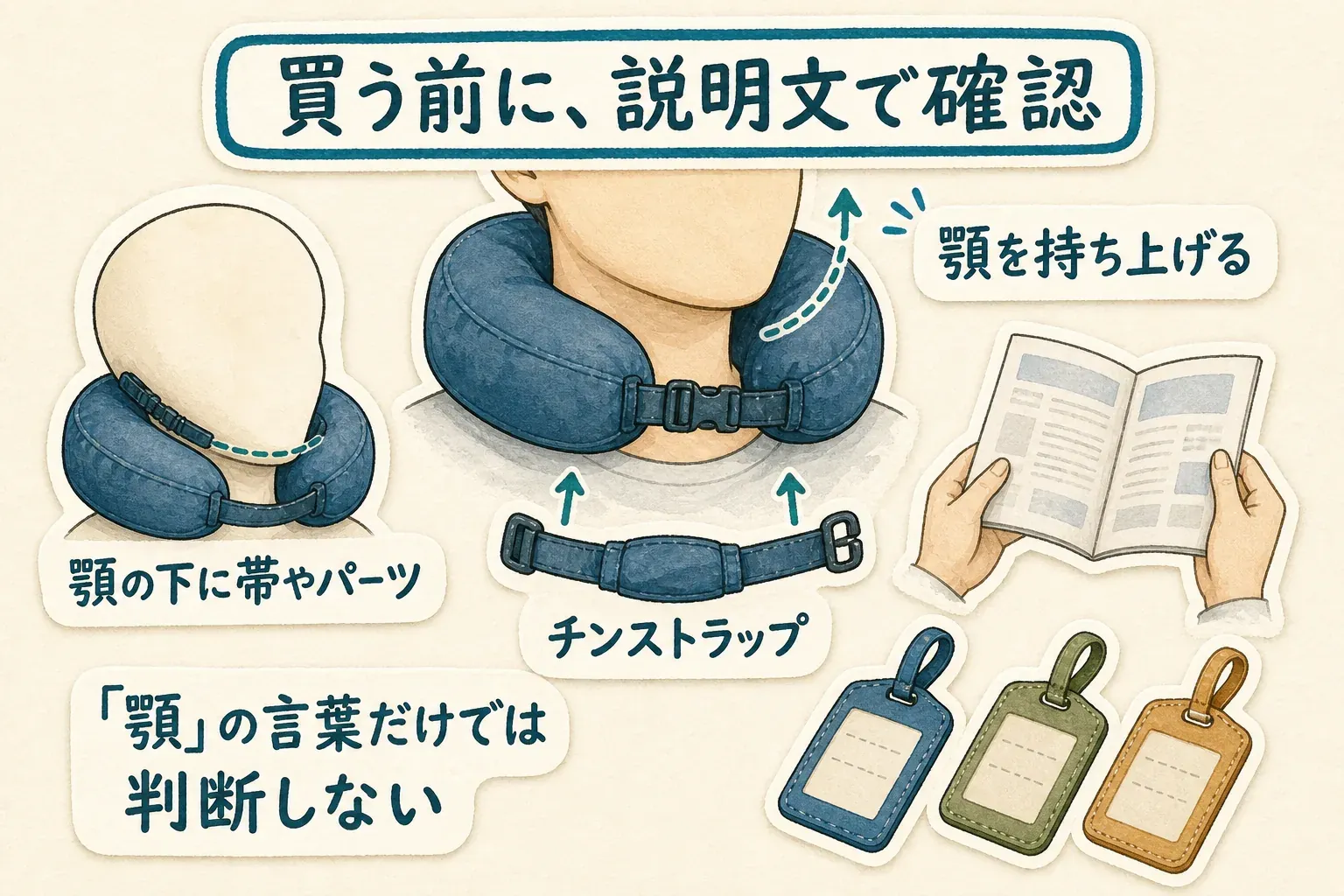 ネックピロー購入前に商品説明で確認する点を示す図。顎の下に帯やパーツがあること、チンストラップが顎を持ち上げる構造であることを確認し、「顎」という言葉だけでは判断しない