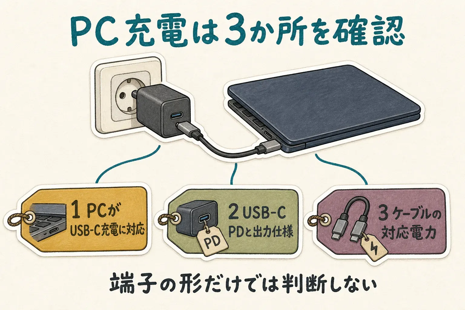 海外用変換プラグのUSB-CでノートPCを充電する前に、ノートPCのUSB-C充電・PD入力対応、変換プラグのUSB-C PD対応と出力仕様、USB-Cケーブルの対応電力の3か所を確認することを示す図