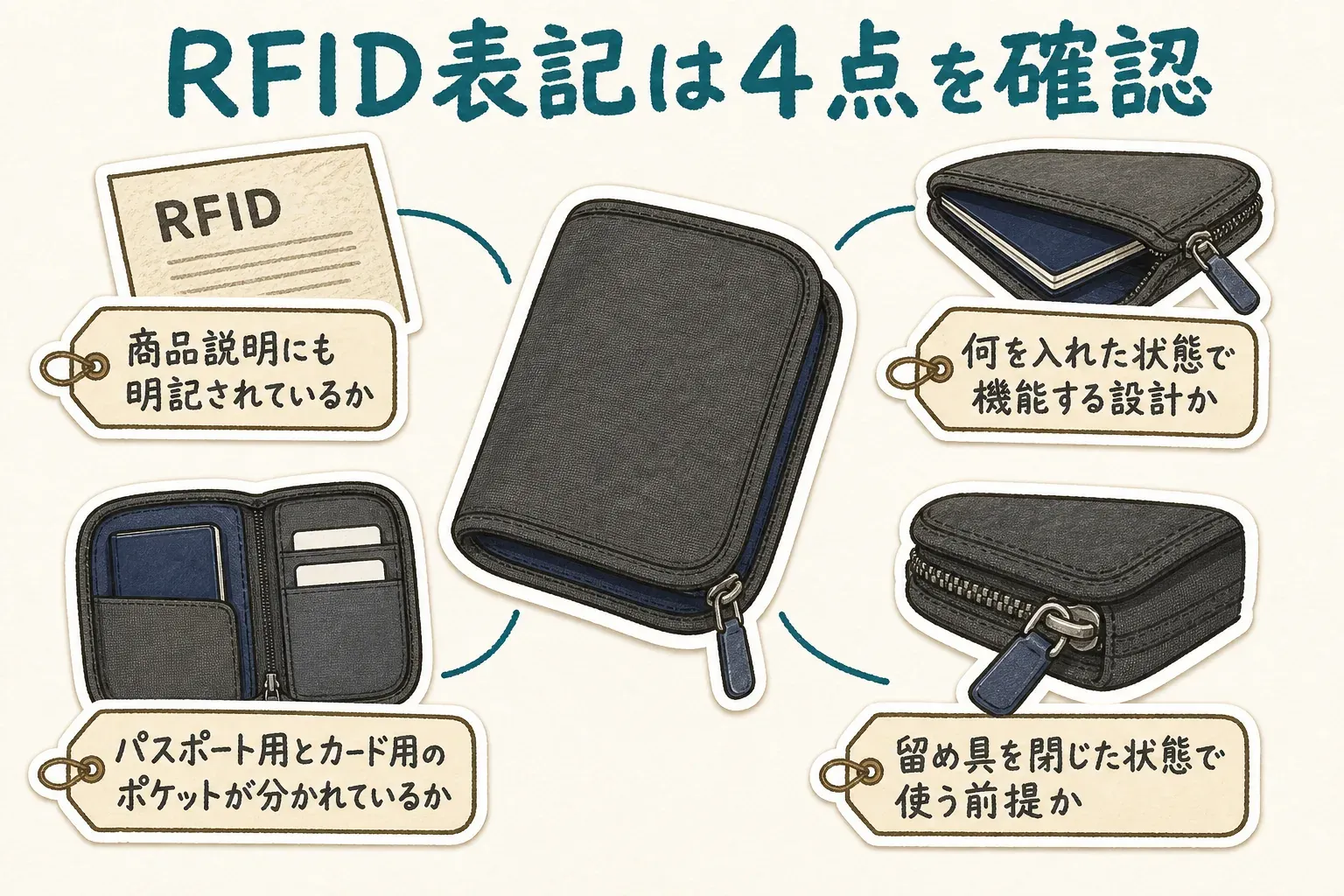 RFID表記を確認する4点を示す図。商品説明にもRFID・スキミング防止が明記されているか、何を入れた状態で機能する設計か、パスポート用とカード用のポケットが分かれているか、留め具を閉じた状態で使う前提かを確認します。