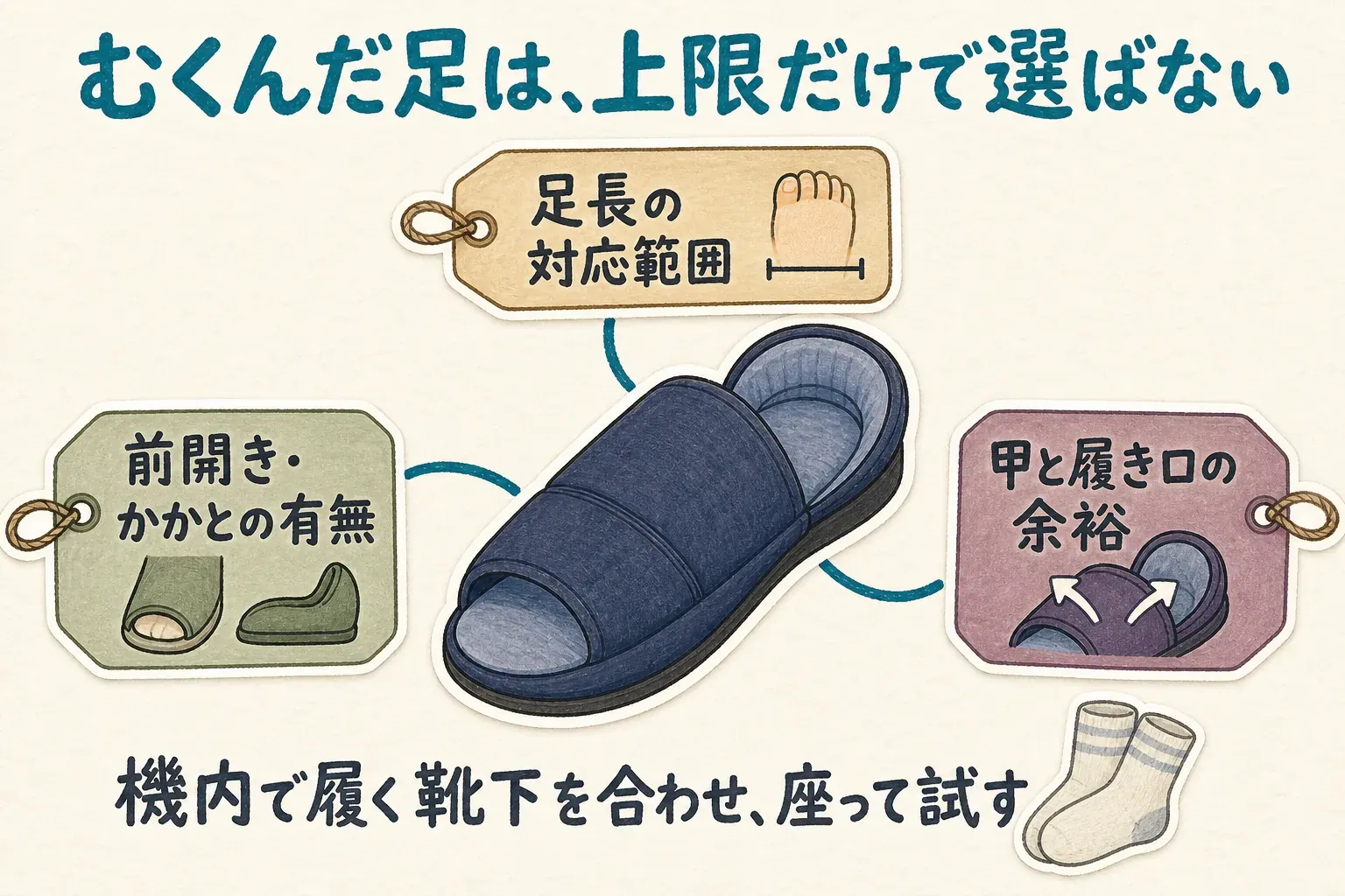 機内用の大きいサイズ携帯スリッパを選ぶ際、足長の対応上限だけでなく、前開きかどうか、履き口の開き方、甲の高さ、かかとの有無、靴下を履いたときの余裕を確認するポイントを示す図。