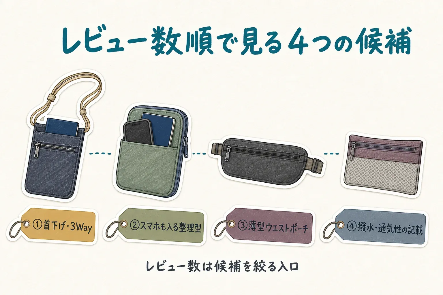 レビュー数順で確認する4つのスキミング防止パスポートケース候補を、首下げ・3Way、スマホも入る整理型、薄型ウエストポーチ、撥水・通気性の記載という特徴とともに並べた図。レビュー数は候補を絞る入口であることを示す。
