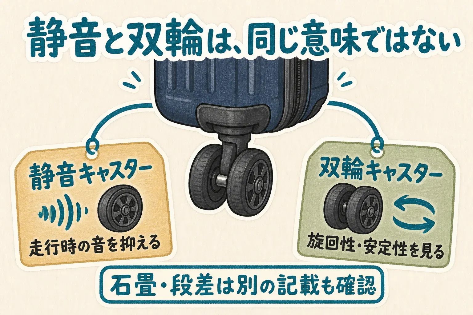 静音キャスターは走行時の音を抑える機能、双輪キャスターは旋回性と安定性を確認するための構造であり、石畳や段差については別の記載も確認することを示す図。