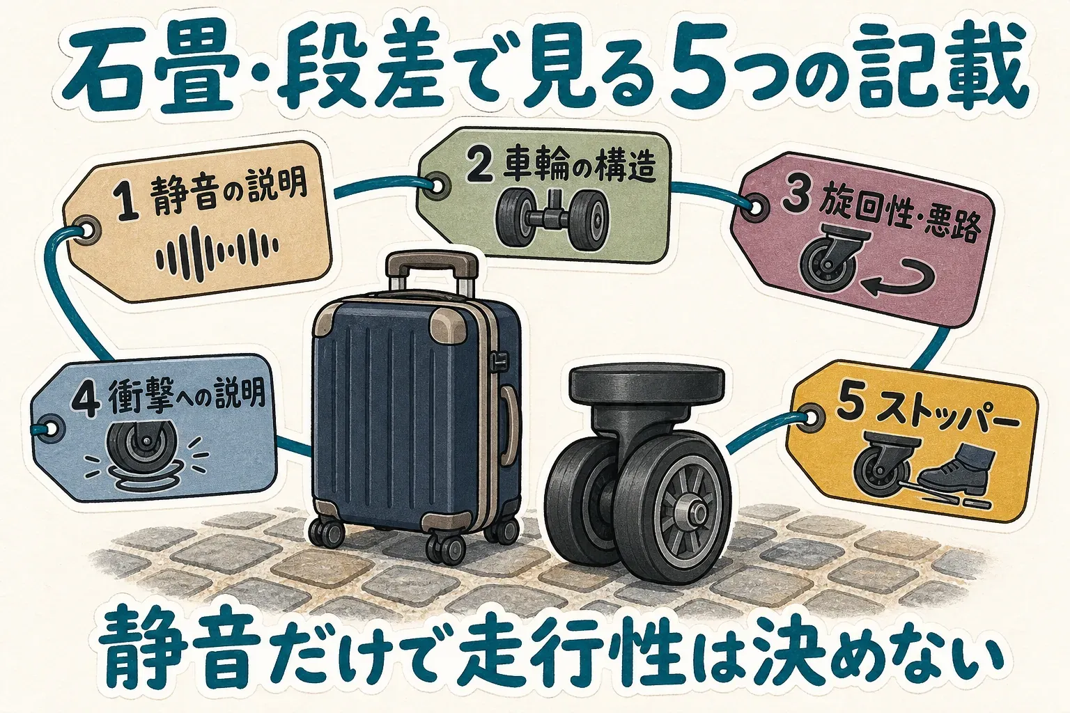 石畳や段差を想定したスーツケース選びでは、静音の説明、双輪の構造、旋回性・悪路での走行性、衝撃への説明、ストッパーの5つの商品説明を確認し、静音だけで走行性を決めないことを示す図。