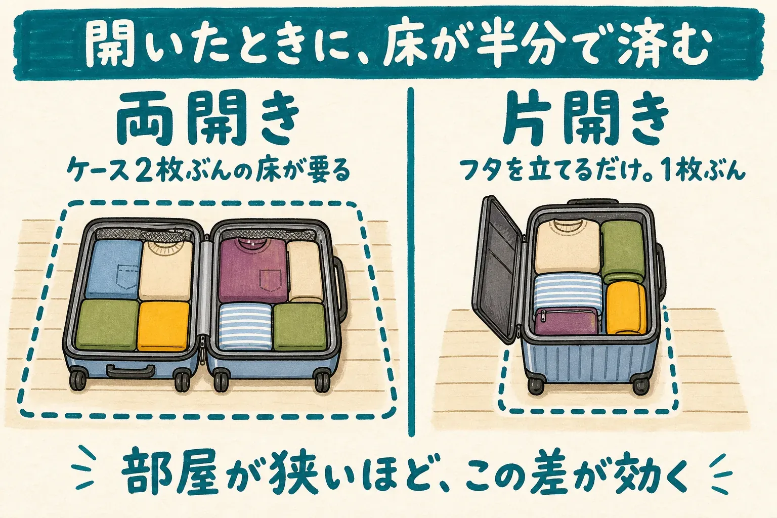 開いたときに床が半分で済む比較図。両開きはケース2枚ぶんの床が要るが、片開きはフタを立てるだけで1枚ぶん。部屋が狭いほどこの差が大きくなります
