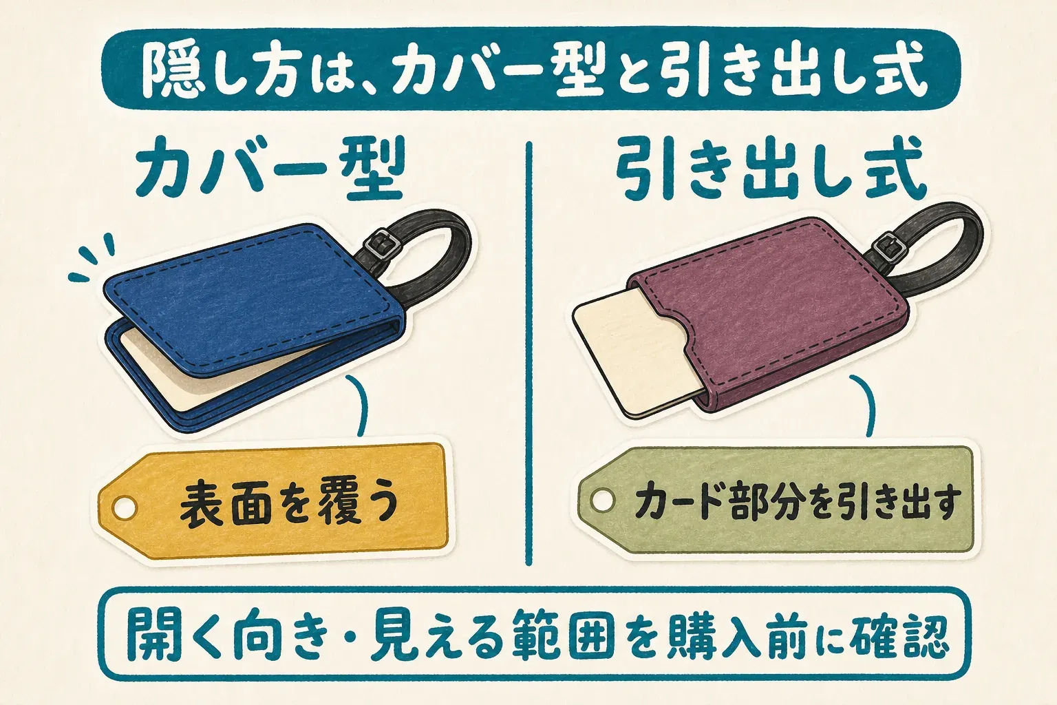 個人情報を隠すラゲッジタグの二つの構造を比較した図。カバー型は表面を覆い、引き出し式は記入したカード部分を引き出して確認する。購入前に開く向きと外から見える範囲を確認するよう示している。