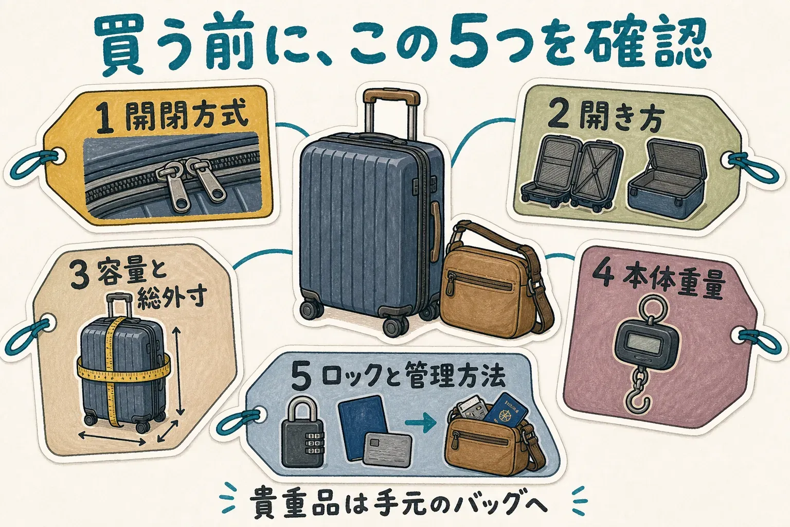 スーツケース購入前の確認項目として、開閉方式、開き方、容量と総外寸、本体重量、ロックと管理方法を示し、貴重品は手元のバッグへ入れることを伝える図