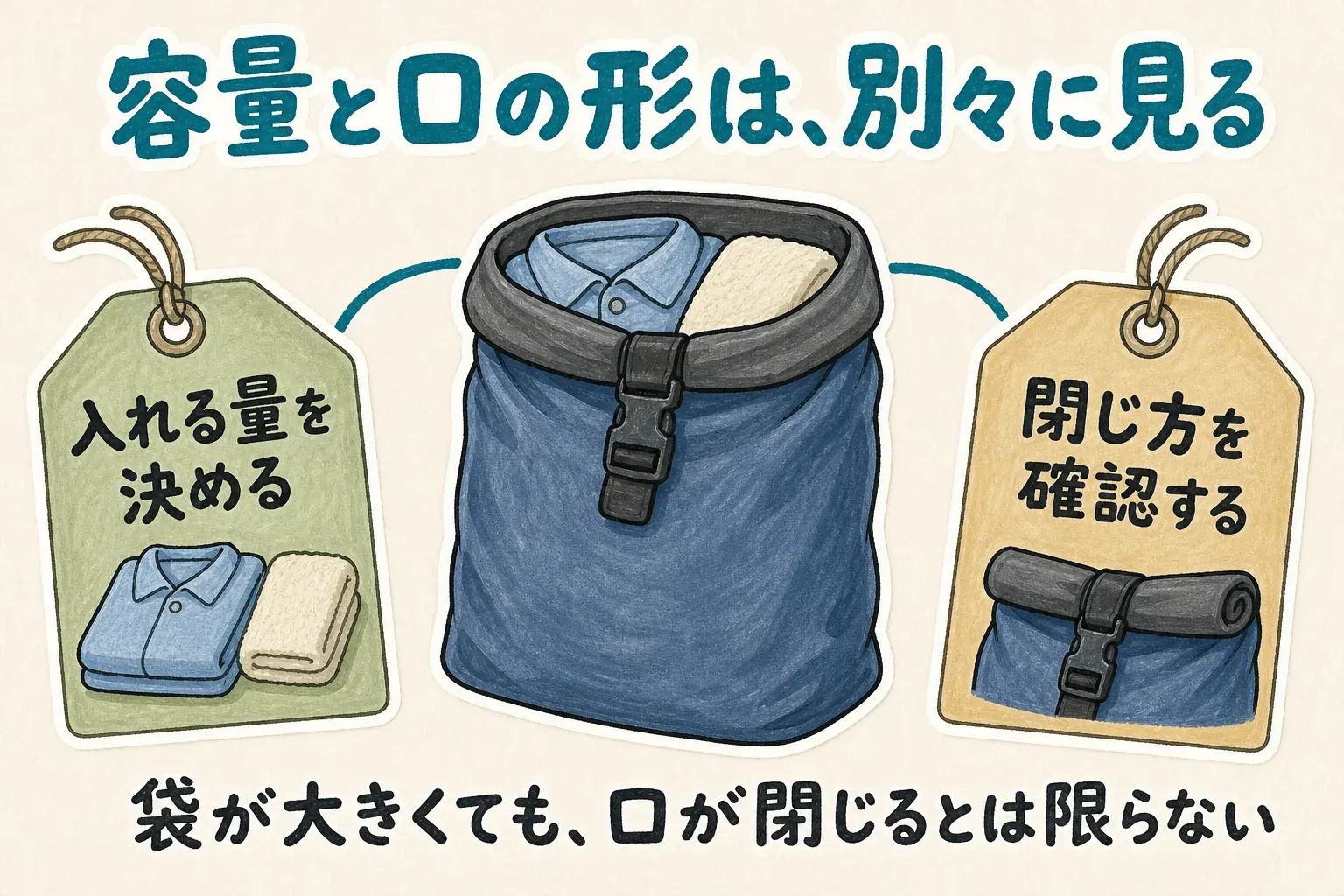 旅行用ランドリーバッグは入れる衣類の量で容量を決め、ロールトップなどの口の閉じ方も確認することを、衣類を入れたバッグと二つのタグで示す図。袋が大きくても口が閉じるとは限らない。