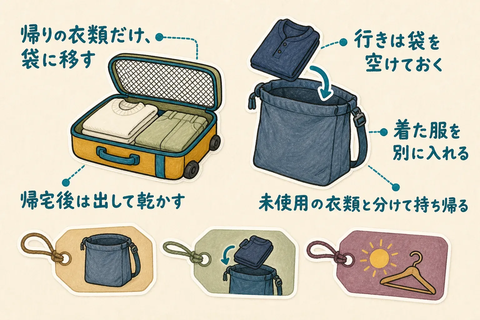 旅行用ランドリーバッグは、行きは空けておき、帰りに着た服だけを未使用の衣類と分けて入れ、帰宅後は袋から出して乾かす流れを、スーツケースと衣類で示す図。