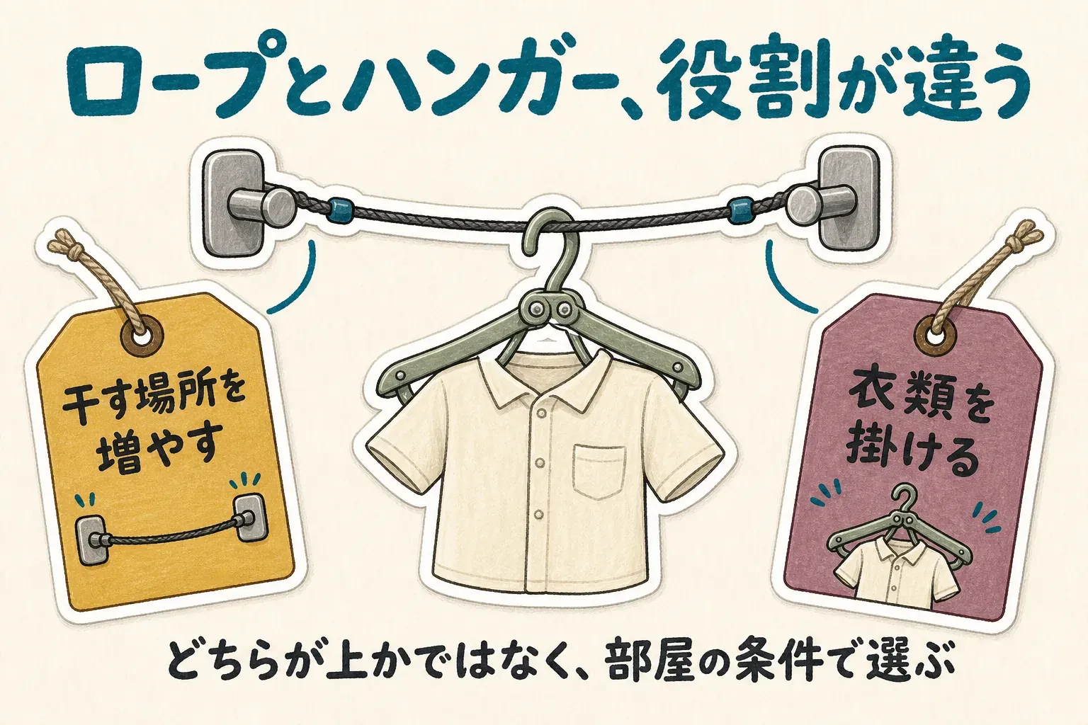洗濯ロープは両端を固定して干す場所を増やし、折りたたみハンガーはシャツなどの衣類を掛ける道具であることを、ホテルのバーに張ったロープとハンガーのイラストで示す図。部屋の条件で使い分ける。