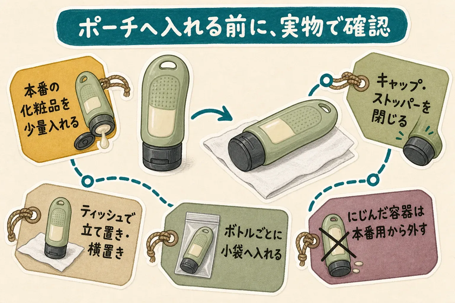 飛行機へ持っていく詰め替え化粧品の事前漏れ確認手順を示す図。容器を乾かして化粧品を少量入れ、キャップ・弁・ストッパーを閉じ、ティッシュの上で立て置きと横置きにして口元を確認する。その後、ポンプやシリコン本体が押されない状態でボトルごとに小袋へ入れ、透明袋またはポーチへ収める流れを示す