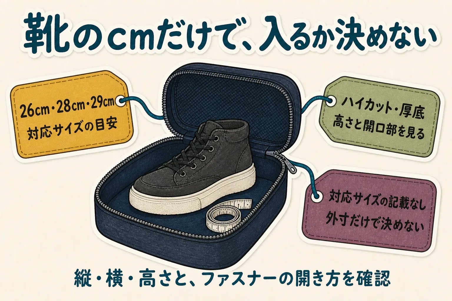 旅行用シューズケースを選ぶときは、靴の足長だけでなく、ハイカット・厚底などの形状、左右の靴を並べたときの高さ、ケースの縦・横・高さと開口部を確認する流れを示す図