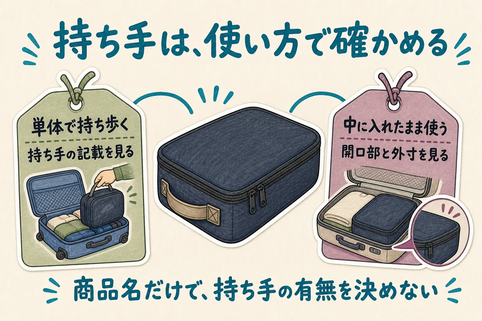 旅行用シューズケースは、ケースだけを取り出して持ち歩く人は商品説明に持ち手の記載があるかを確認し、スーツケース内で使う人は開口部と外寸を優先する選び方を示す図